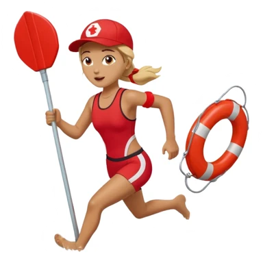 Female lifeguard – red cap, running along shore with rescue buoy sticker