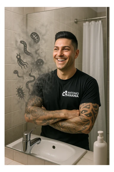 a man stands in a brightly lit bathroom, looking relieved and revitalized as he examines his reflection in the mirror. In the foreground, stylized, shadowy images of parasites (such as worms or protozoa) are shown leaving his body, dissolving into mist or fading away. His posture is upright and his expression is one of newfound energy and health. sticker
