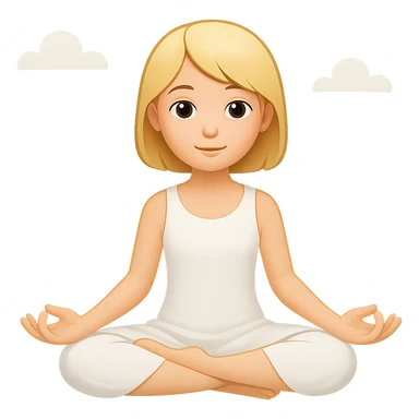 a blonde girl with a short haircut in a white dress sitting in a lotus position and meditating with a background, emoji style sticker