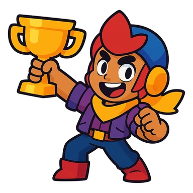 Brawl Stars character holding a trophy, energetic, cartoon style sticker
