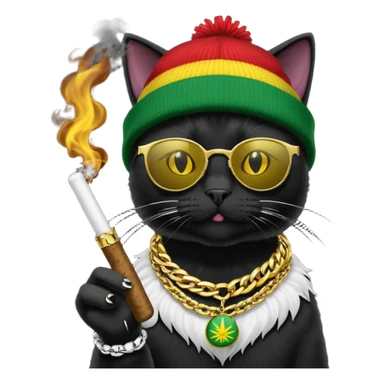 A black cat wearing the deal with it shades and a rasta beanie and smoking a joint and wearing a gold chain that says 420 sticker