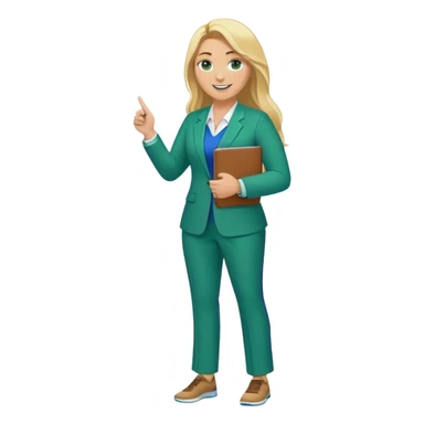 Full Body white plus size female basketball head coach with long blonde hair in a blue and green suit smiling holding clipboard sticker