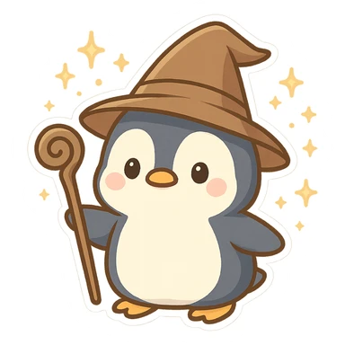 cute and whimsical penguin dressed as a wizard, wearing a pointed hat and holding a magic staff, magical sparkles around sticker