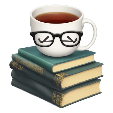 China tea cup with tea on a stack  of books with glasses on top sticker