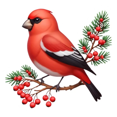 3D emoji of a bright red bullfinch bird (Snegir) sitting on a pine branch covered in fluffy white snow and red frozen rowan berries. Vibrant colors, soft feathers texture, glossy 3D icon style, Apple aesthetic, isolated on a solid white background, studio lighting. sticker