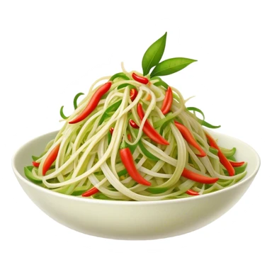 Cinematic Realistic Som Tam (Papaya Salad) Dish Emoji, featuring a spicy, tangy salad of shredded green papaya with chili and lime rendered with crisp textures and bright, lively lighting. sticker