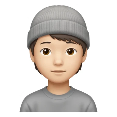 Asian boy, 14 years old, short brown hair, side bangs, grey beanie sticker