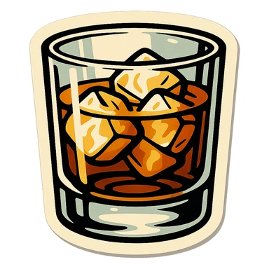 whiskey glass with ice, retro stickers style, sharp black outlines, expressive shadows and highlights, no gradients, only sharp color transitions, lowball glass, amber color drink sticker