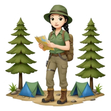 A braid black hair backpacking woman checking her map with curious eyes while walking wear camping hat and dirt covered boots full body sticker