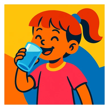 girl drinking water, colorful, cheerful sticker