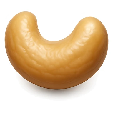 Show only a single cashew nut in a realistic crescent shape with a smooth, slightly wrinkled beige or light tan texture. The cashew should appear glossy and slightly roasted with a soft sheen, placed on a pure white background. The style should resemble 3D emoji style with realistic details. sticker