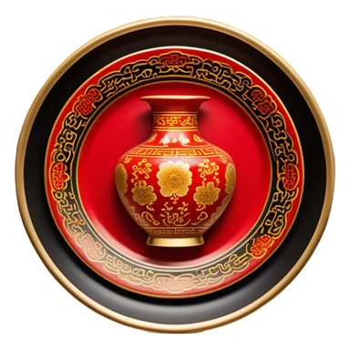 Chinese metal painting icon, intricate hand-painted Chinese patterns on metal objects such as plates or vases, vibrant colors like red, gold, and black, delicate brushstrokes, visible fine paintbrush and metal surface, no finished artwork, just the painting process, minimalistic style, clean lines, transparent background. sticker