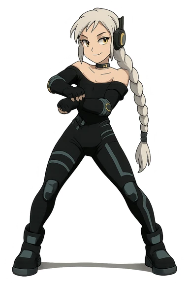 1 female, gold yellow eyes, long white braid, black off shoulder top, futurepunk cybergoth doing “oppa gangnam style”  dance sticker