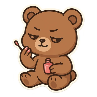 A brown bear paints his own pink nail polish, with a smug expression and a haughty attitude sticker