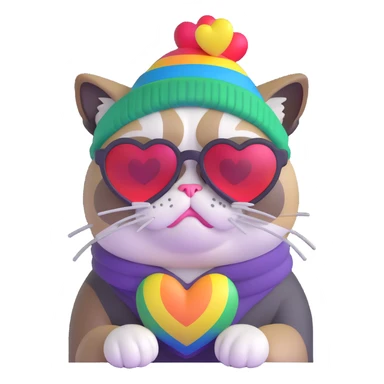 grumpy cat wearing a rainbow beanie and heart-shaped sunglasses sticker