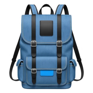 An emoji-style blue denim backpack with a flap top. Two short black buckle straps are attached only at the top flap, not extending to the bottom. The front is clean with no pockets or extended straps. The backpack has two side pockets. Flat, minimalist, cartoon icon.


 sticker