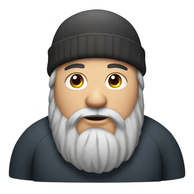 An overweight man with long hair, a beanie and a beard sticker
