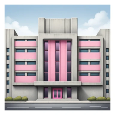 Brutalist concrete government building with one distinctive pink window and many standard windows sticker