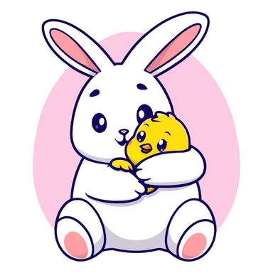 Adorable easter bunny hugging a small yellow chick sticker