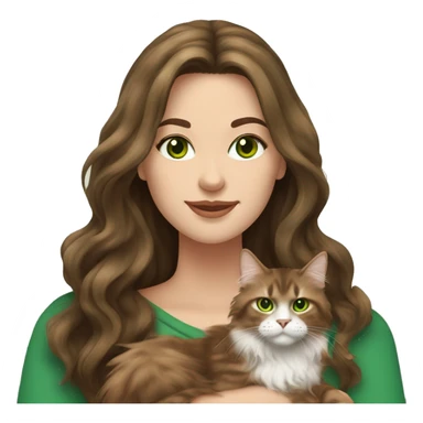 White brunette long wavy hair woman with green eyes holding a brown Maine coon cat  sticker