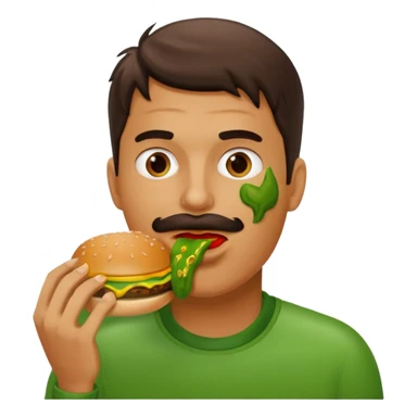 Show a man eating a burger covered in green chili sticker