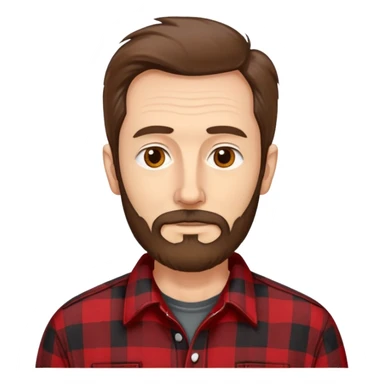 Thin man in his 50s with light complexion. Narrow face with pronounced cheekbones. Unkempt brown hair sticking up in places. Scruffy, uneven brown beard. Wearing a red and black checkered flannel shirt that hangs loosely on his lean body. sticker