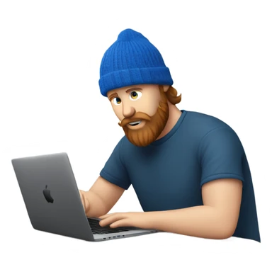 white man with blue beanie and chestnut beard working on his black macbook laptop and looking down with his eyes sticker