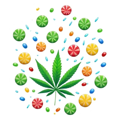 colorful candy raining down with green cannabis leaf in the center sticker