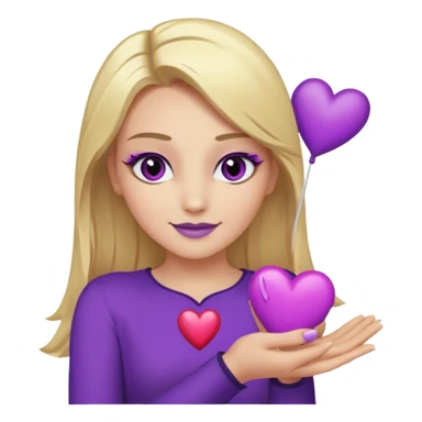 twitch emote, kinda chibi style. blonde hair: long, straight, no bangs. gray eyes. an eyebrow with a slit. purple eyeshadow/eyeliner with gold eyeshadow. only face and arms, hands visible. happy, holding a purple heart. white background. sticker