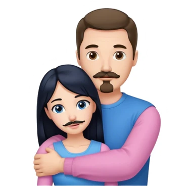 Tall white man with brown mustache goatee wearing blue hugging a short pale woman with long black hair wearing pink sticker