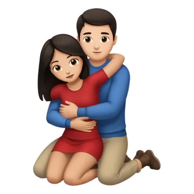 man with dark hair on knees, facing dark haired standing woman, hugging her waist sticker