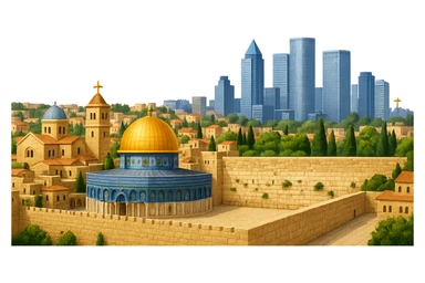 Remove the sky from the Jerusalem and Tel Aviv emoji, keeping everything else exactly the same: wide city view with Dome of the Rock, Western Wall, Church of the Holy Sepulchre, Tel Aviv skyline with Azrieli Center, lifelike detail, accurate colors, bright daytime lighting, fully transparent background, no clouds. Do not change anything else. sticker