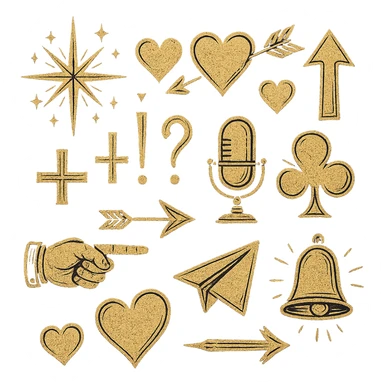 lights, hearts, arrows, punctuation marks, mathematical signs, microphone, telegram airplane, finger points, bell, all in tarot aesthetics with a dark purple gradient to light purple background sticker