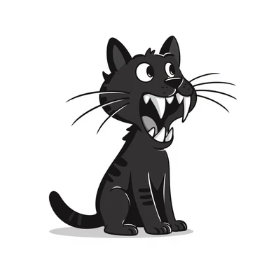 sketch of a tiny saber-toothed cat with 8-inch-long fangs that are enormously disproportionate to its small body, absurdly long teeth sticker