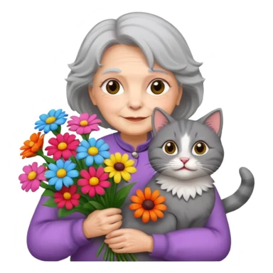 old woman holding bouqet and cat sticker