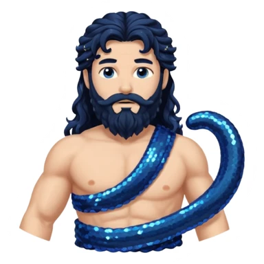 Neptune, God of Sea from Roman Deities with long jet black wavy hair and beard, dark blue sequin toga sticker