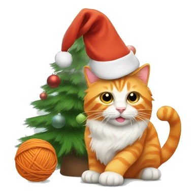 orange cat with a santa hat playing with yarn by a christmas tree sticker