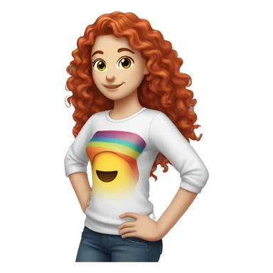 white girl with long red curly hair, wearing a rainbow shirt doing a pose sticker