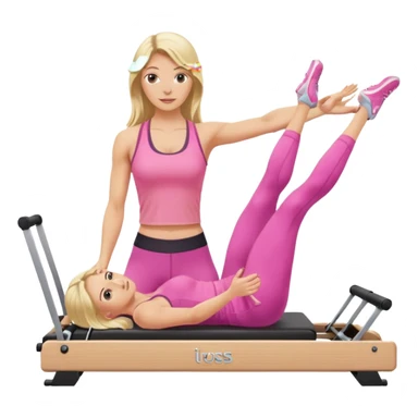 long haired blonde pilates instructor teaching reformer in pink set sticker