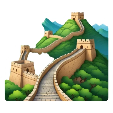 Great Wall of China, simplified emoji style with bold outlines and bright colors, cartoon style ancient wall on mountains sticker