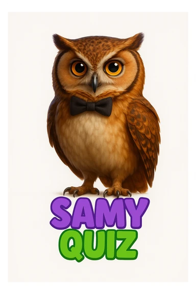 Create a realistic style image of the owl with a bow and the text 'SAMY QUIZ' exactly as in the reference image. Use more vivid and intense colors. Keep the background white. Do not change anything else from the reference image. sticker