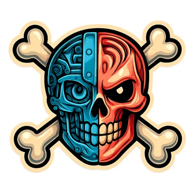 Render this skull and crossbones with mechanical and organic details in retro sticker style, bold outlines, vibrant colors, and a clean, sticker-like look. sticker
