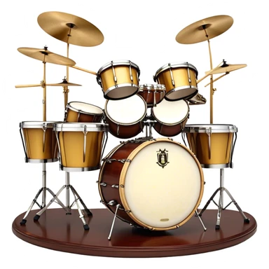 Create a professional, emblem-like emoji representing percussion instruments, including both traditional and folk drums. Feature a snare drum, bass drum, timpani, cymbals, marimba, tambourine, djembe, bongos, cajón, triangle, castanets, and ratchets in a balanced, heraldic composition. Crossed drumsticks at the center symbolize rhythm, while a ribbon of musical notes weaves around the instruments. Use rich gold, mahogany, and silver tones with polished highlights. Add laurel wreaths and subtle engravings for a grand, festive feel. The design should be harmonious, visually complete, and on a transparent background. sticker
