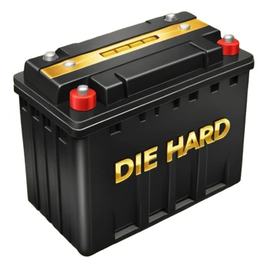 black car battery with 'Die Hard' written on it, encased in golden power rays, symbolizing its robustness sticker