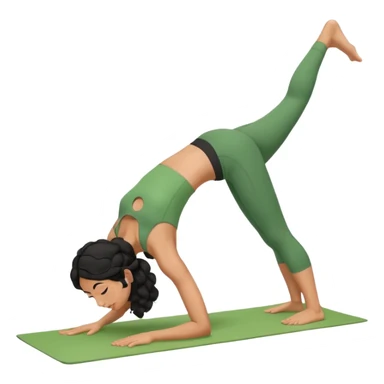 a woman with olive skin tone and curly black hair wearing green and doing a downward dog yoga pose sticker
