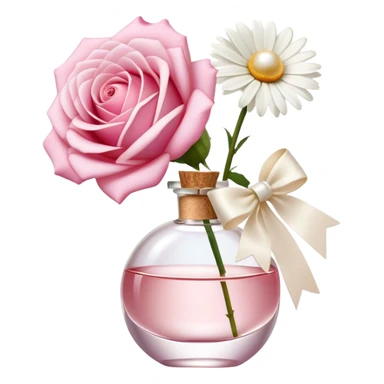 a beautiful aesthetic single rose in white and pink with an ivory bow and a pearl white perfume bottle with a white daisy on the cork sticker