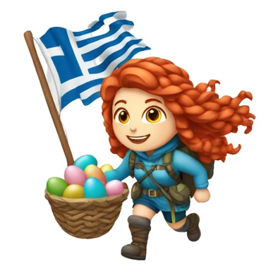 Female winter mountaineer red hair white skin climbing with Greek Flag and Easter eggs basket sticker