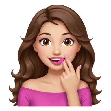girl with long wavy brown hair, brown eyes, long lashes makeup, sexy pink lips, light to medium complexion, pink sexy top, sexy, gigling hand covering mouth sticker