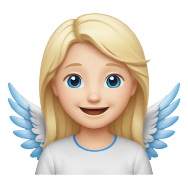 angel emoji blonde hair, blue eyes and smiling, larger wings with darker outline on them and bigger smile and more smiley eyes laughing sticker