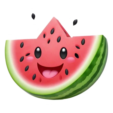 Cute Kawaii Watermelon Slice, juicy and vibrant, soft pastel green rind with pink flesh, tiny black seeds shaped like hearts, an adorable happy face with cute round eyes, bursting with summer energy! sticker